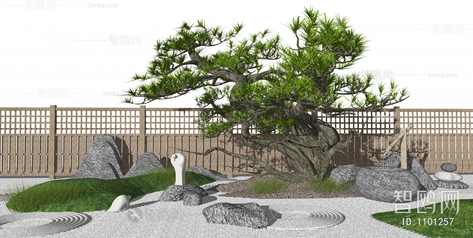 新中式庭院景观树小品木围栏