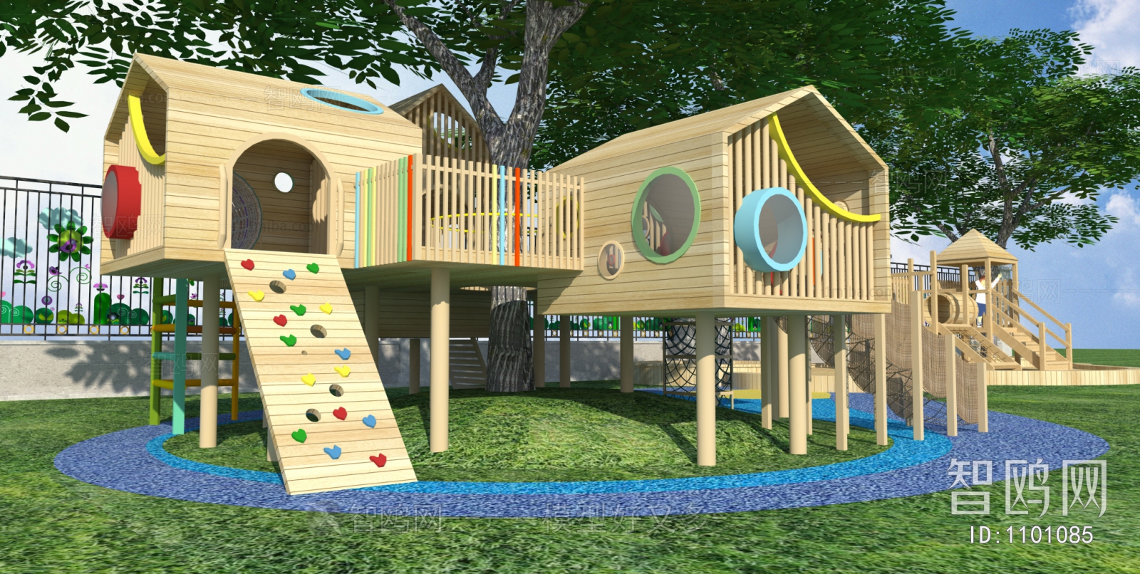 现代儿童活动区 幼儿园户外景观 树屋 滑梯
