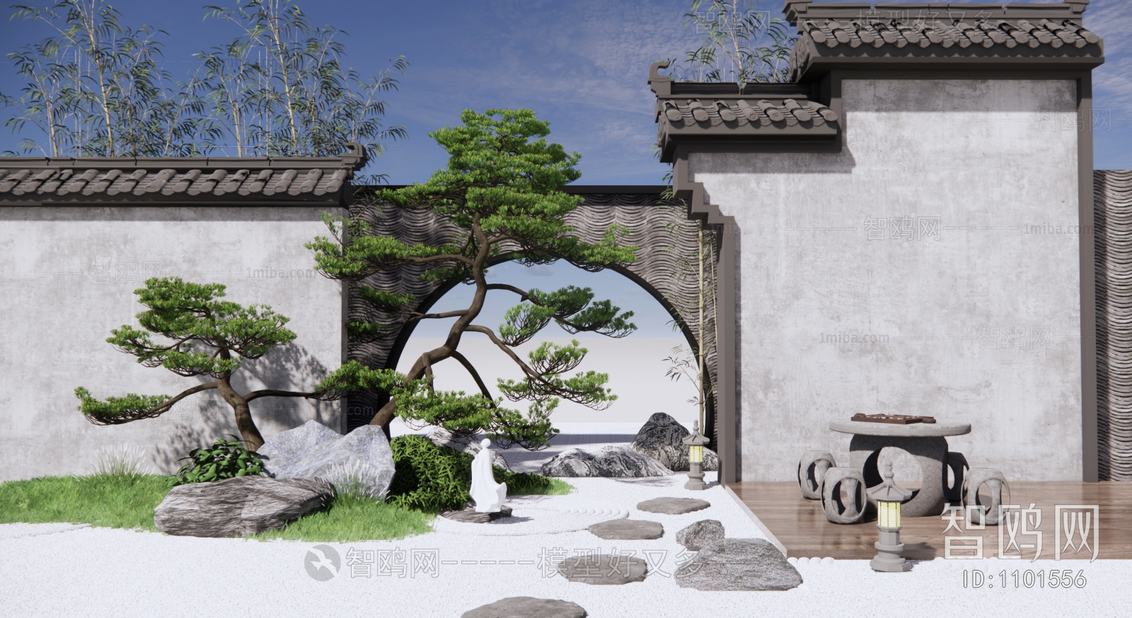 新中式庭院景观 景墙围墙 石头松树