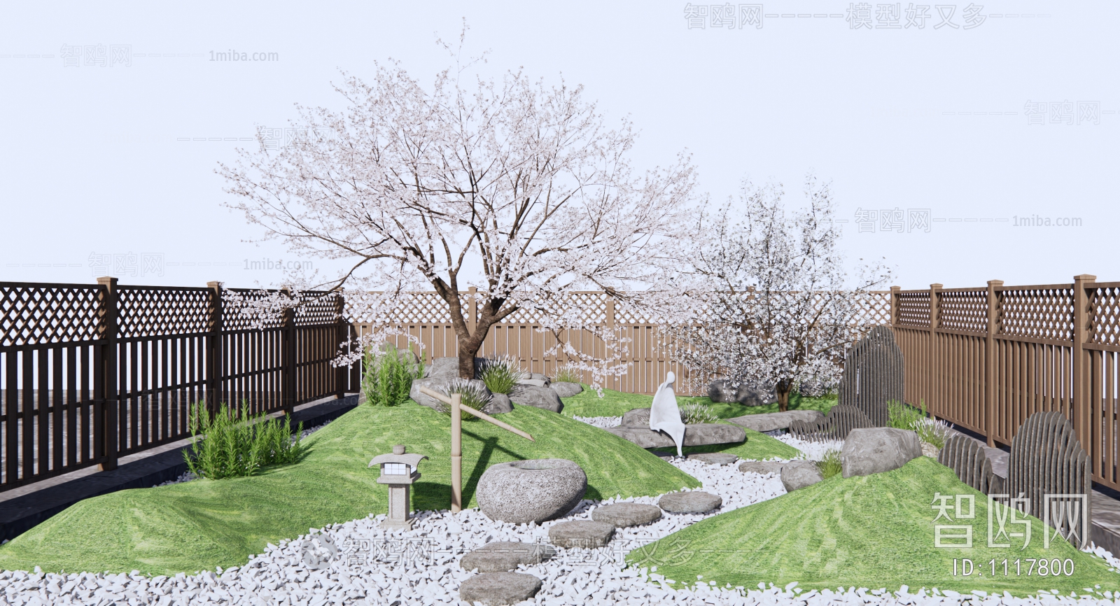 日式枯山水庭院景观 樱花树景观树