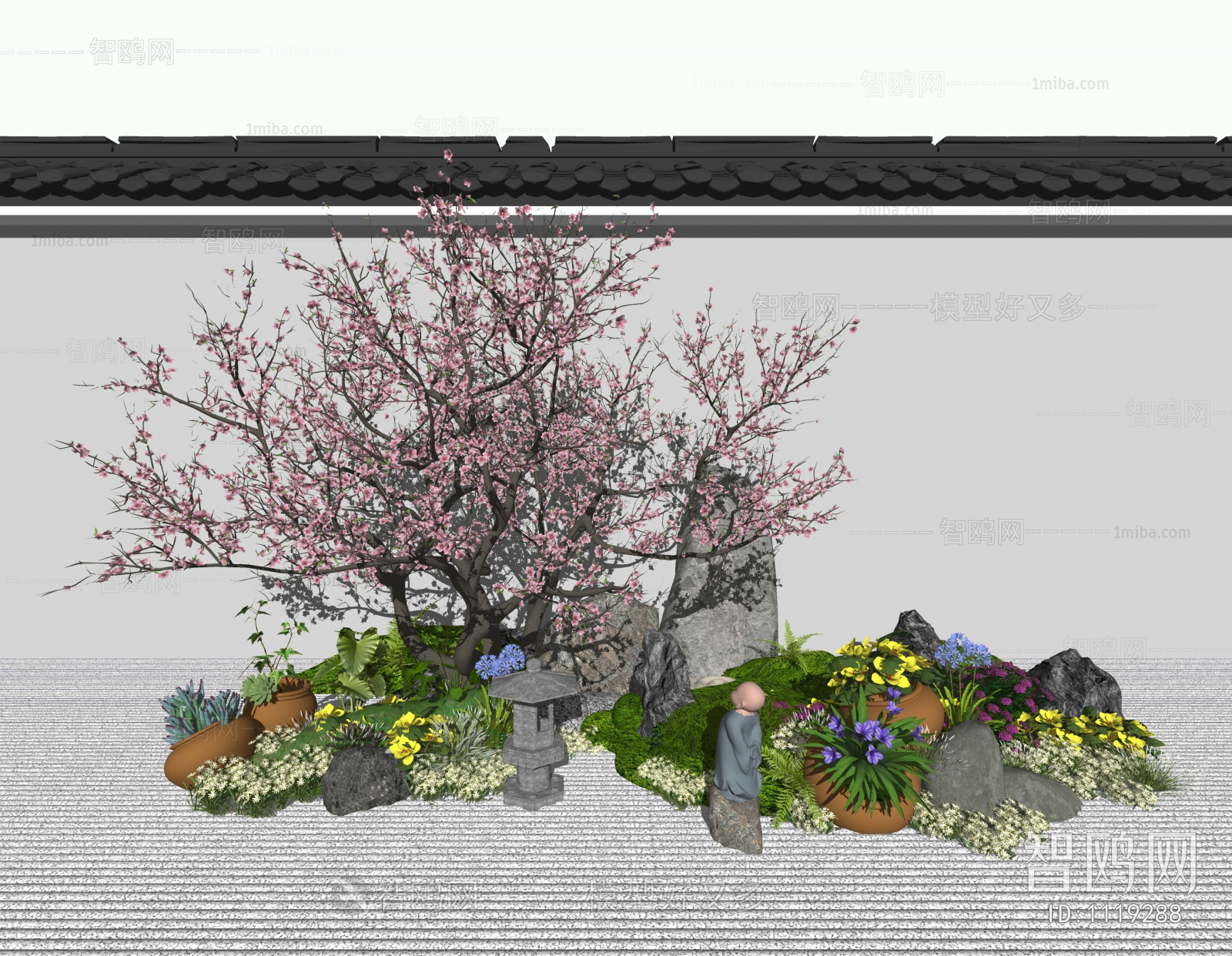 新中式庭院景观、花草植物、桃树