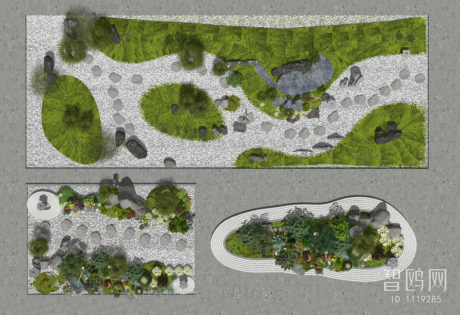 新中式庭院景观、景观小品、花草植物3D模型下载