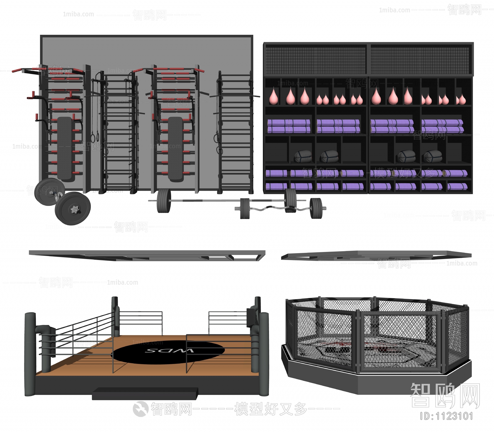 现代健身器材、拳击擂台、八角笼、哑铃瑜伽垫