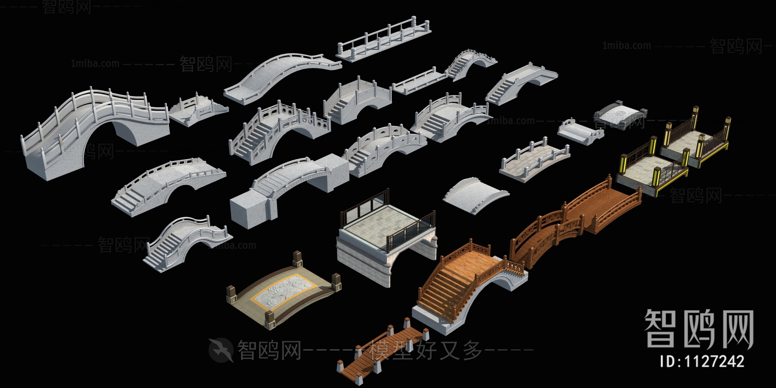 中式古建桥组合3D模型下载