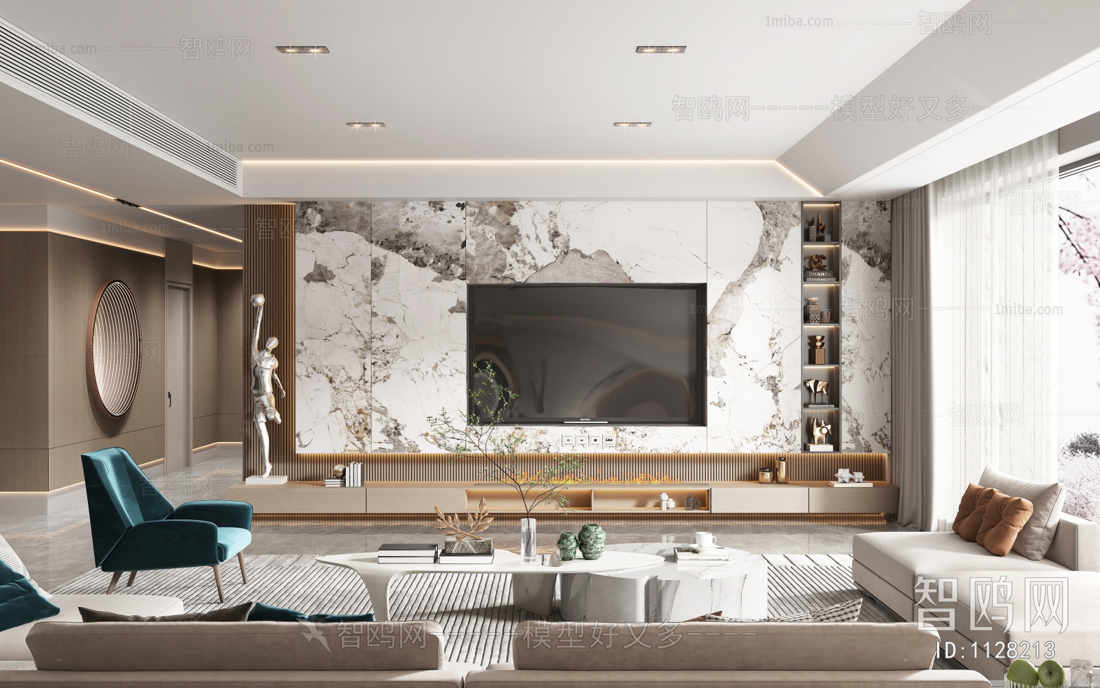 多场景-现代轻奢客厅+餐厅3D模型下载