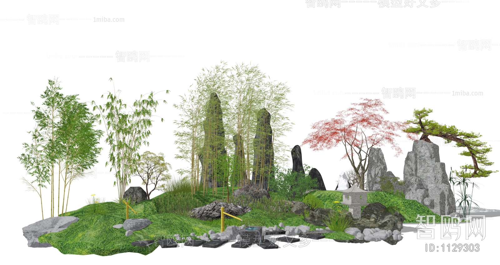中式庭院花园 植物 石头