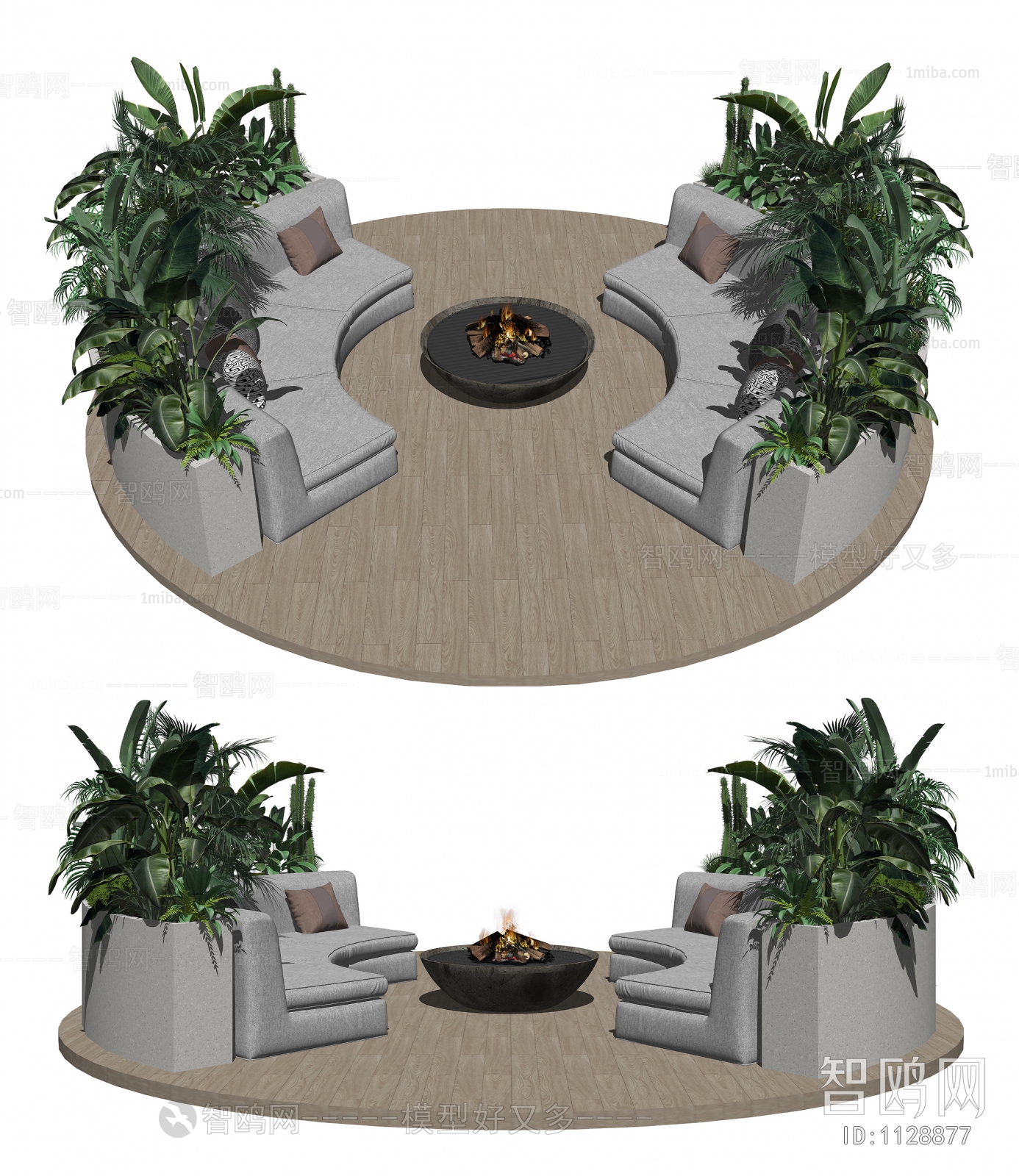现代户外休闲沙发、弧形沙发、植物盆栽