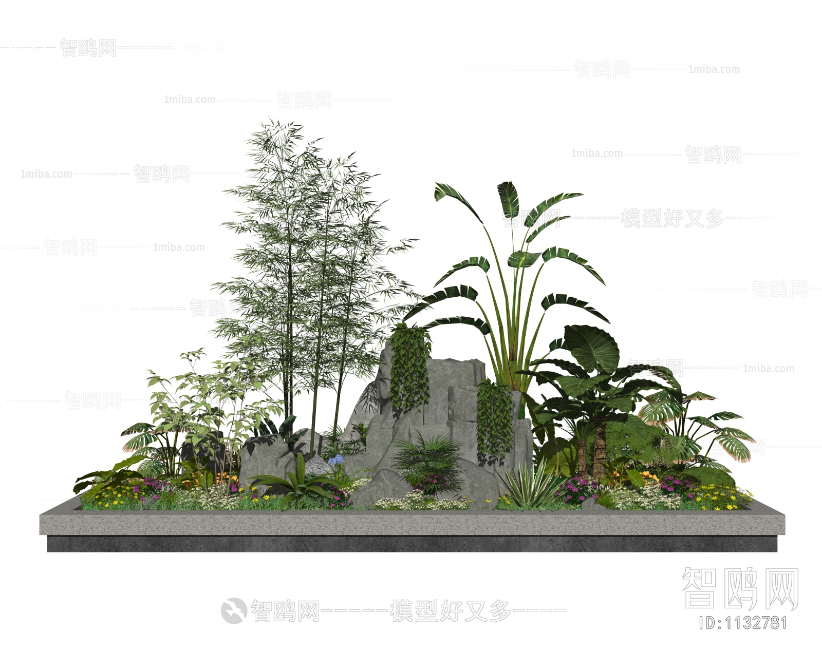 新中式假山石头、花草灌木