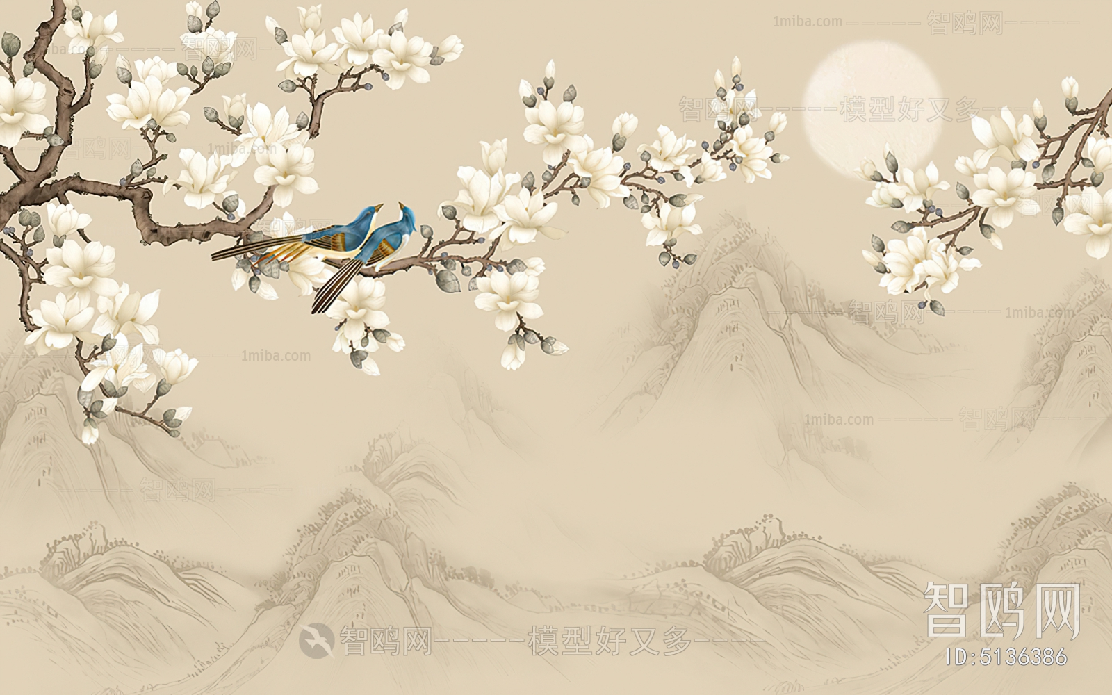新中式花鸟壁纸3D模型下载