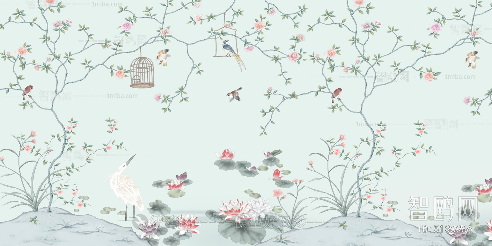 新中式花鸟装饰壁画