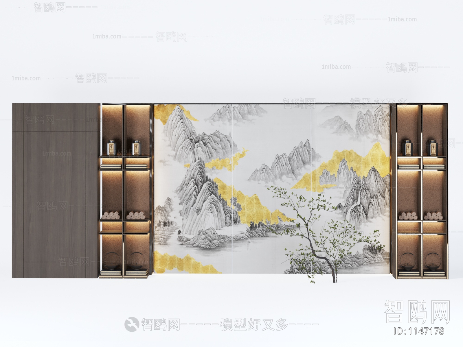 新中式书柜背景墙