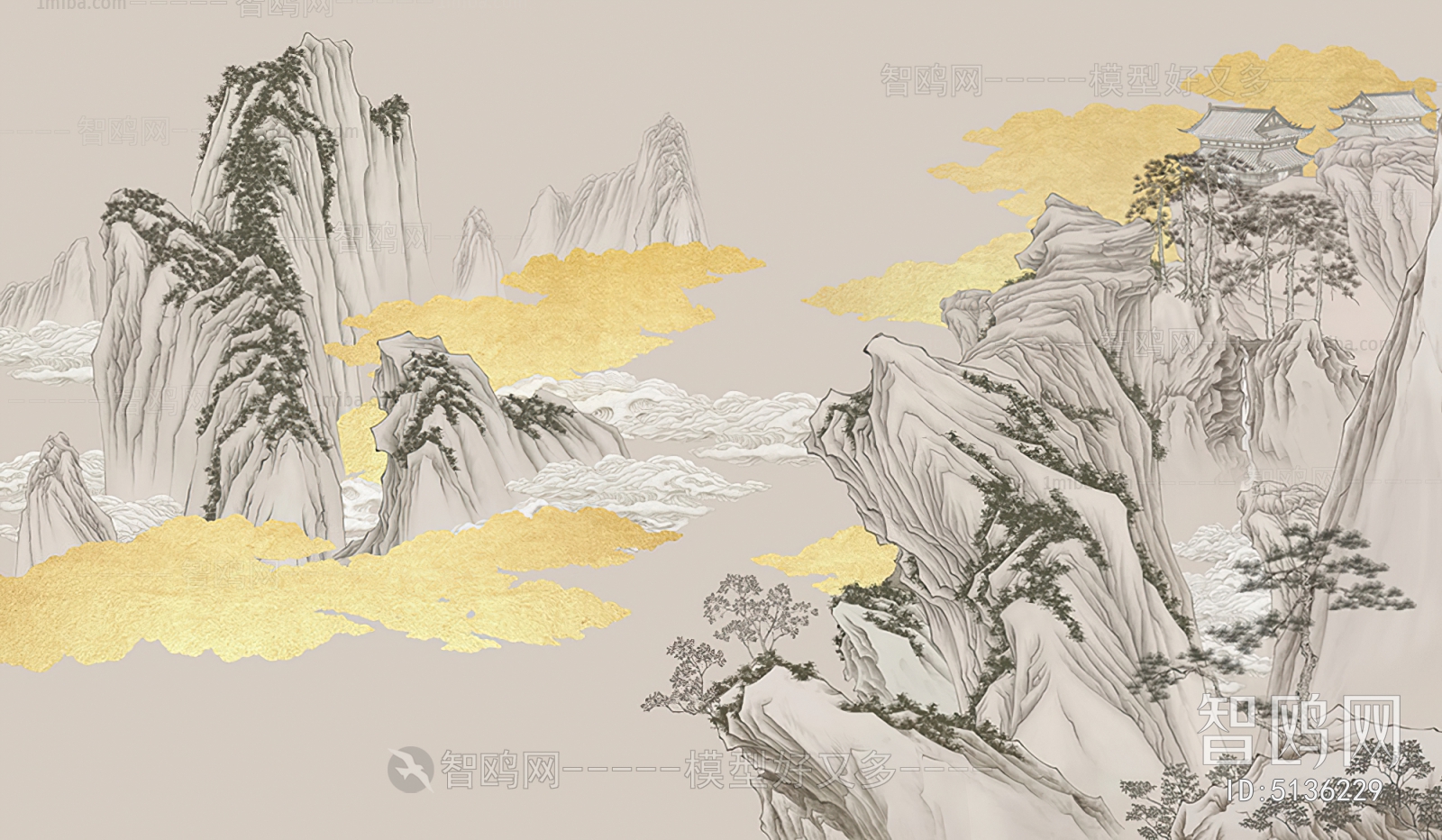 新中式山水壁画3D模型下载