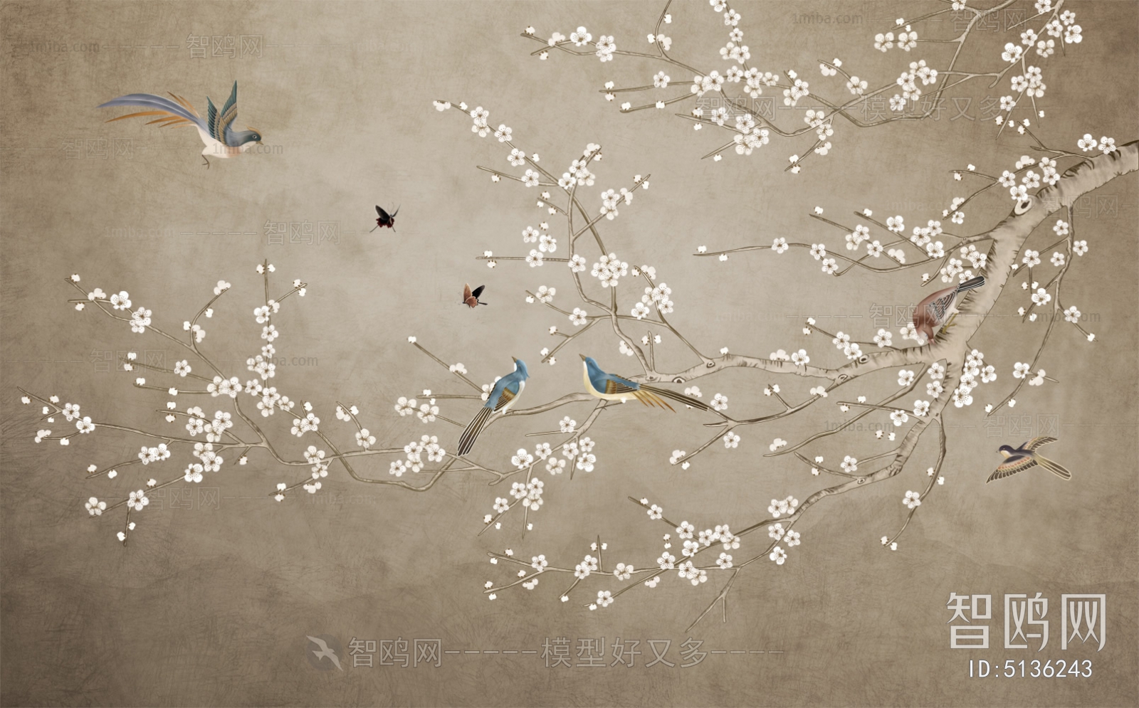 新中式花鸟装饰壁画