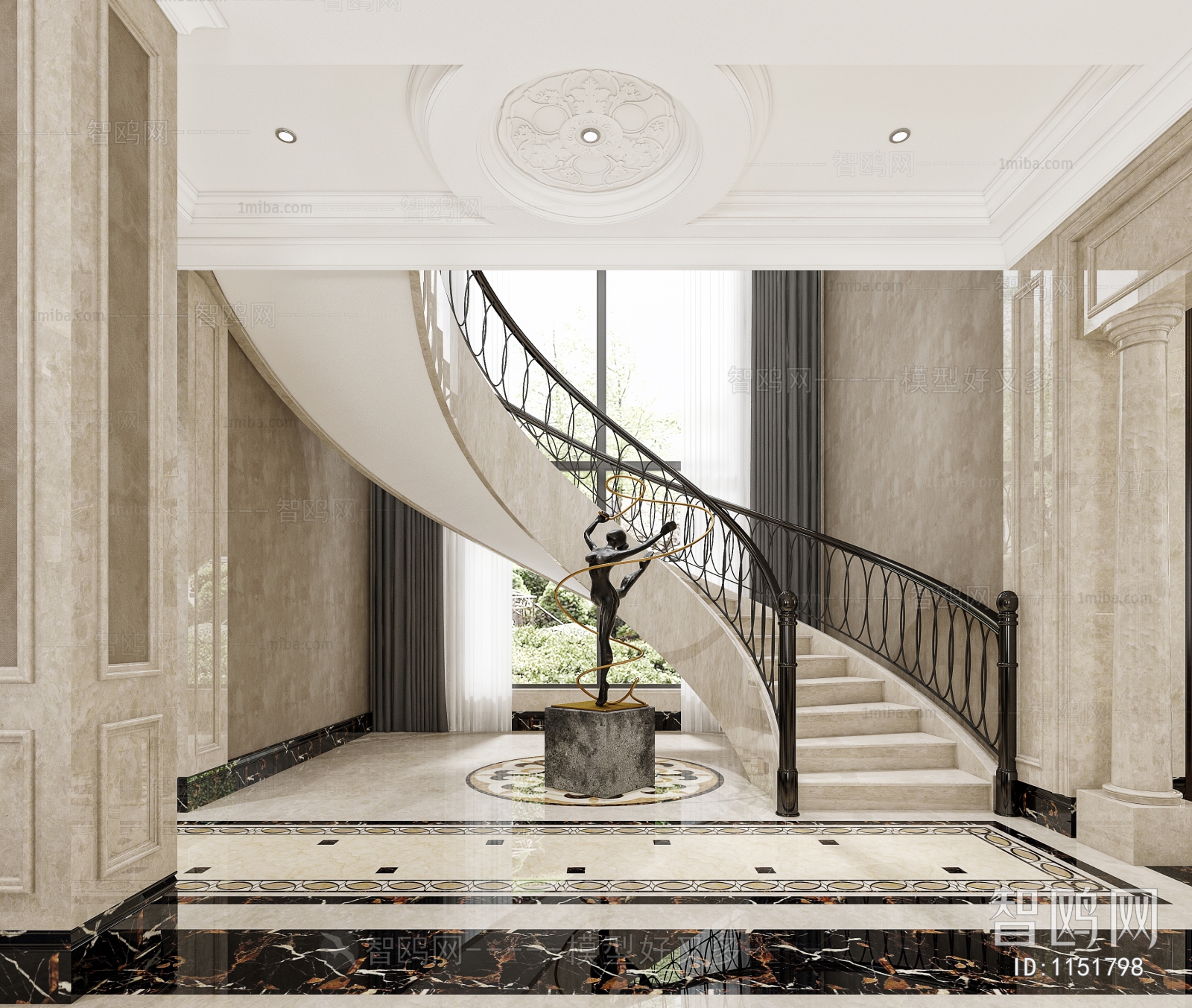 新古典复式旋转楼梯客厅装修效果图 – 设计本装修效果图
