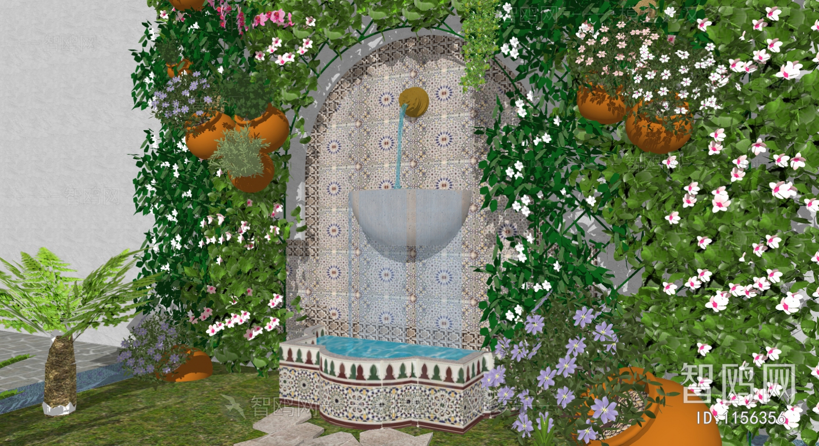 现代摩洛哥风古典庭院景观 水景水池