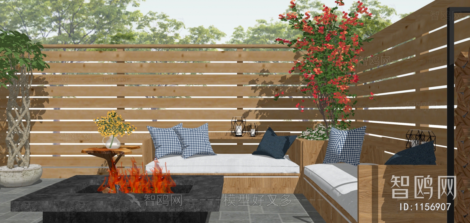 现代休闲庭院 木围栏 户外沙发