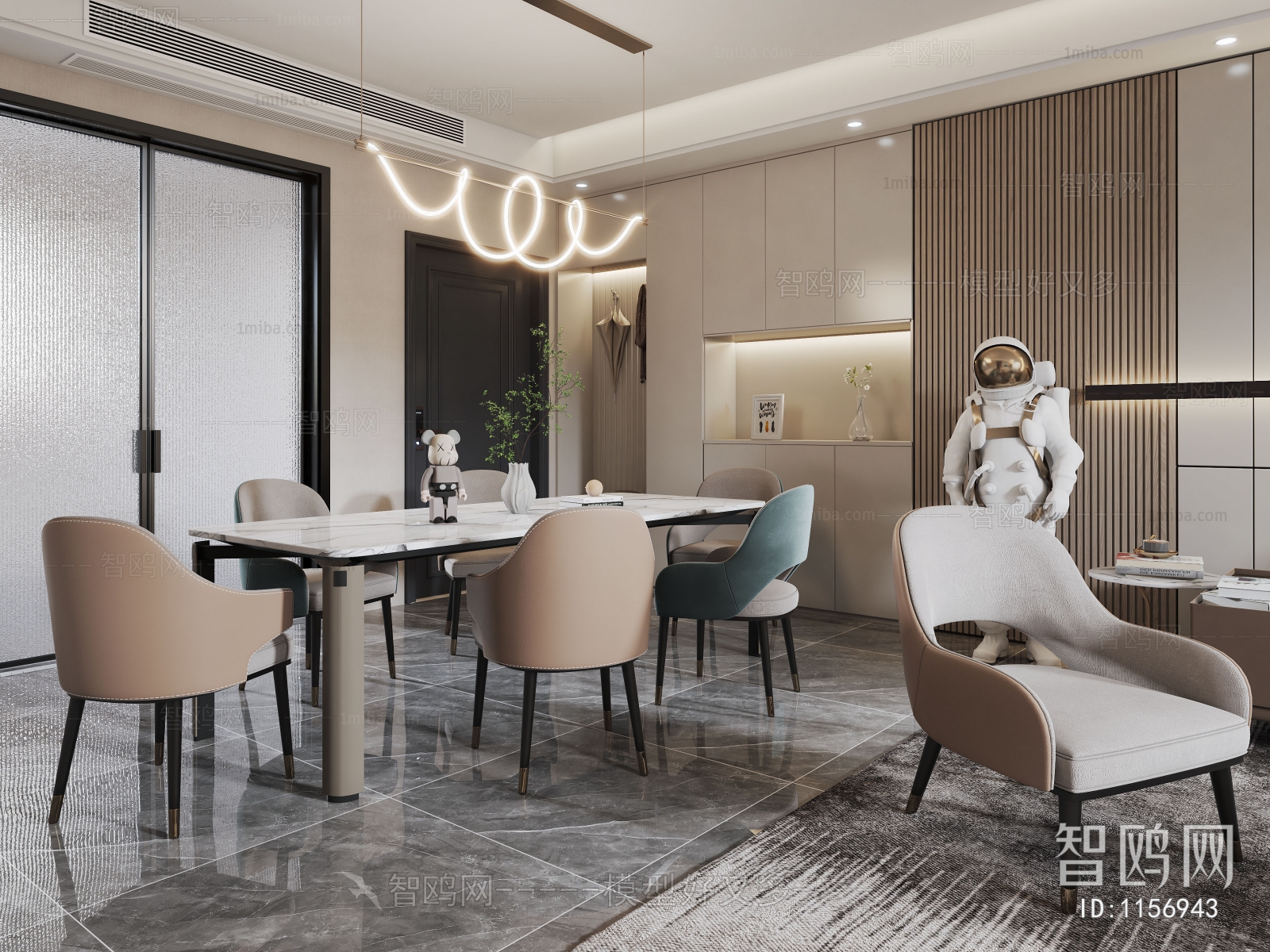 现代轻奢客厅餐厅3D模型下载