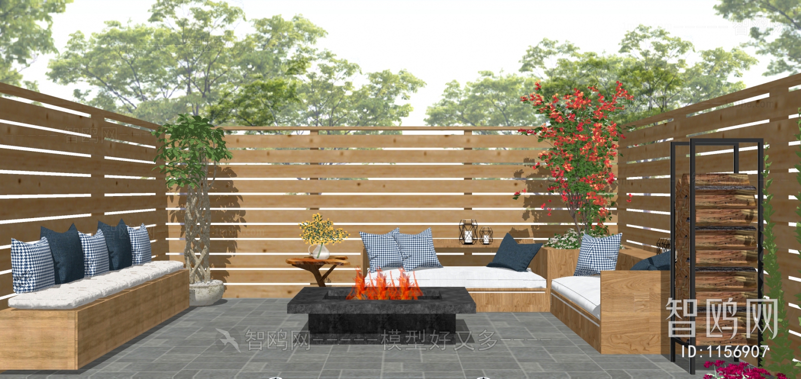 现代休闲庭院 木围栏 户外沙发