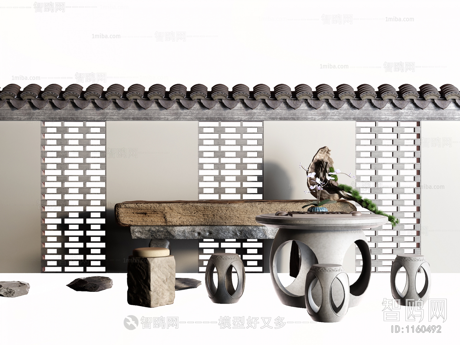 新中式户外石休闲桌椅围墙 瓦片