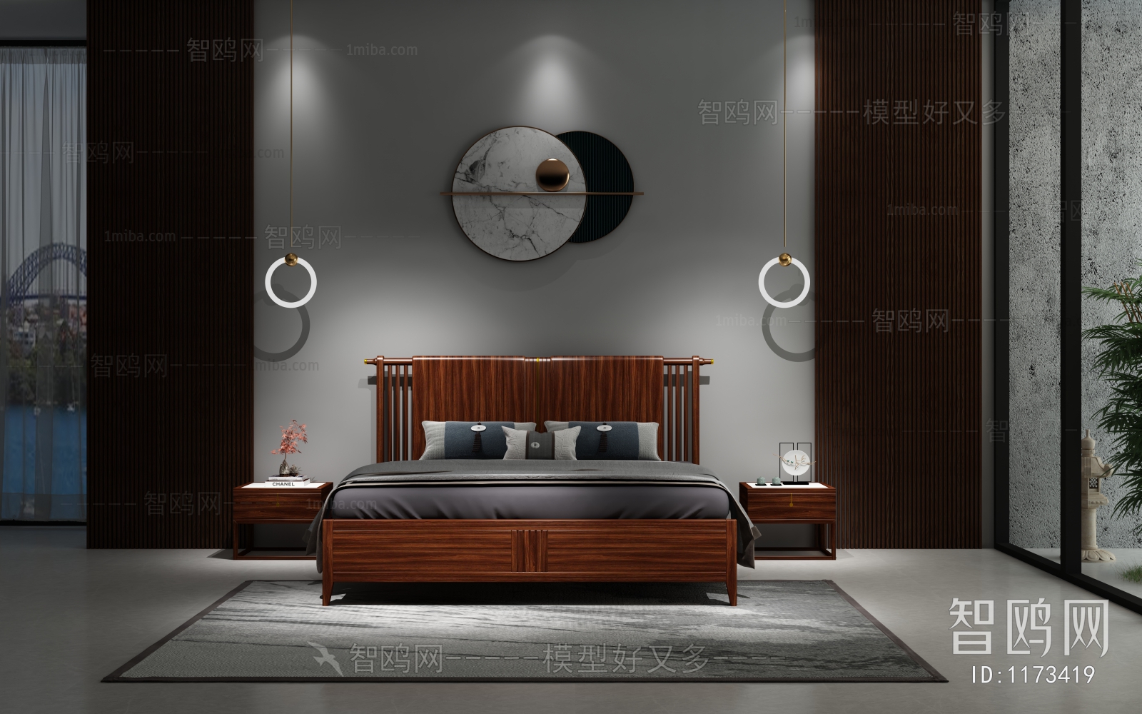 中式双人床3D模型下载