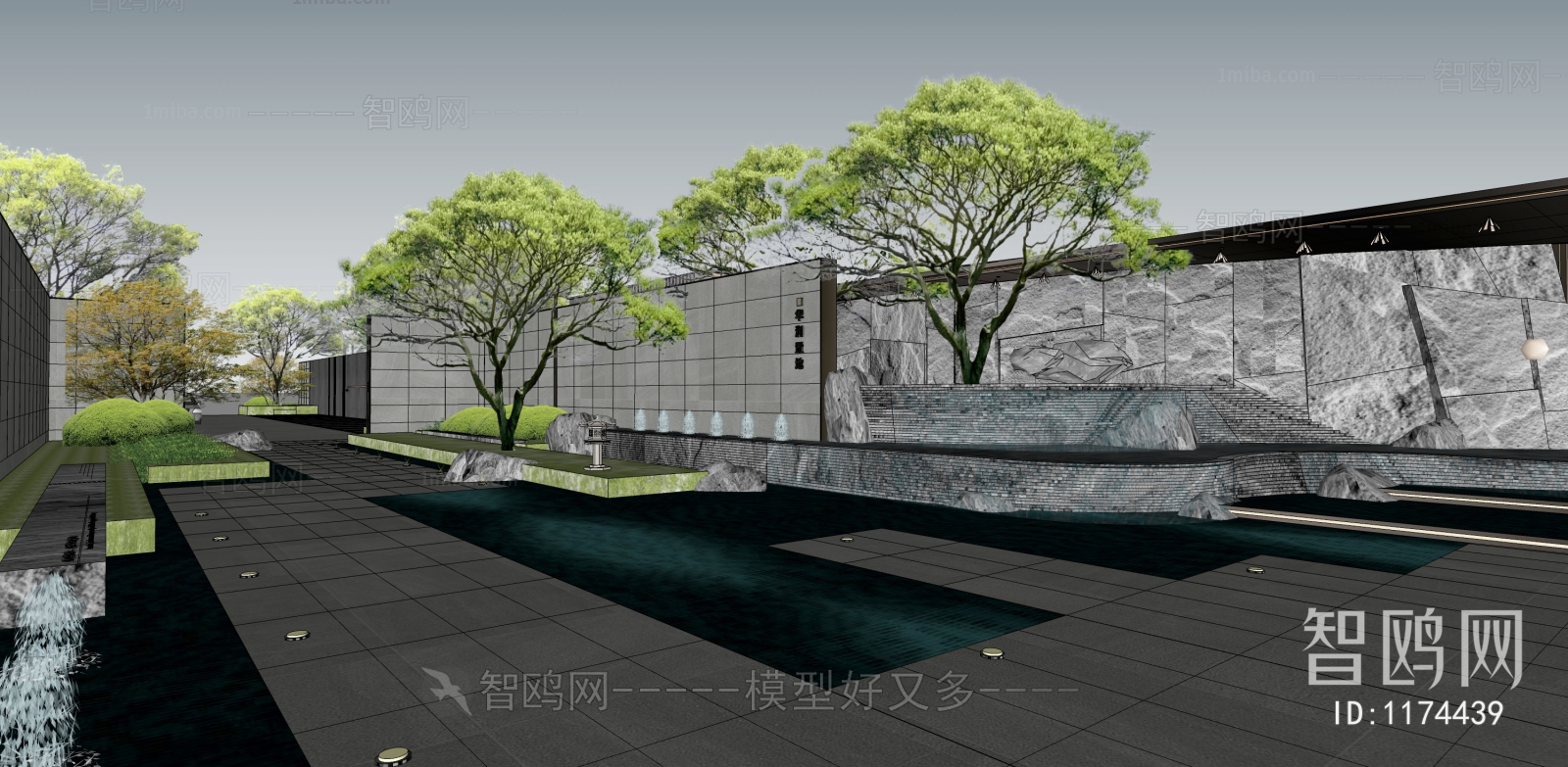 新中式庭院景观 流水景墙