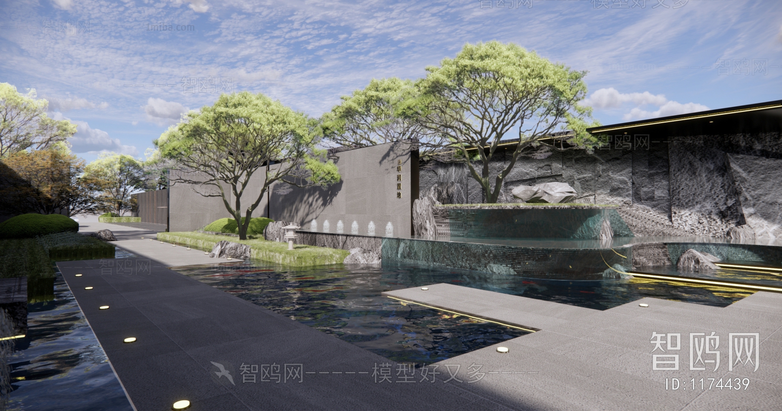 新中式庭院景观 流水景墙