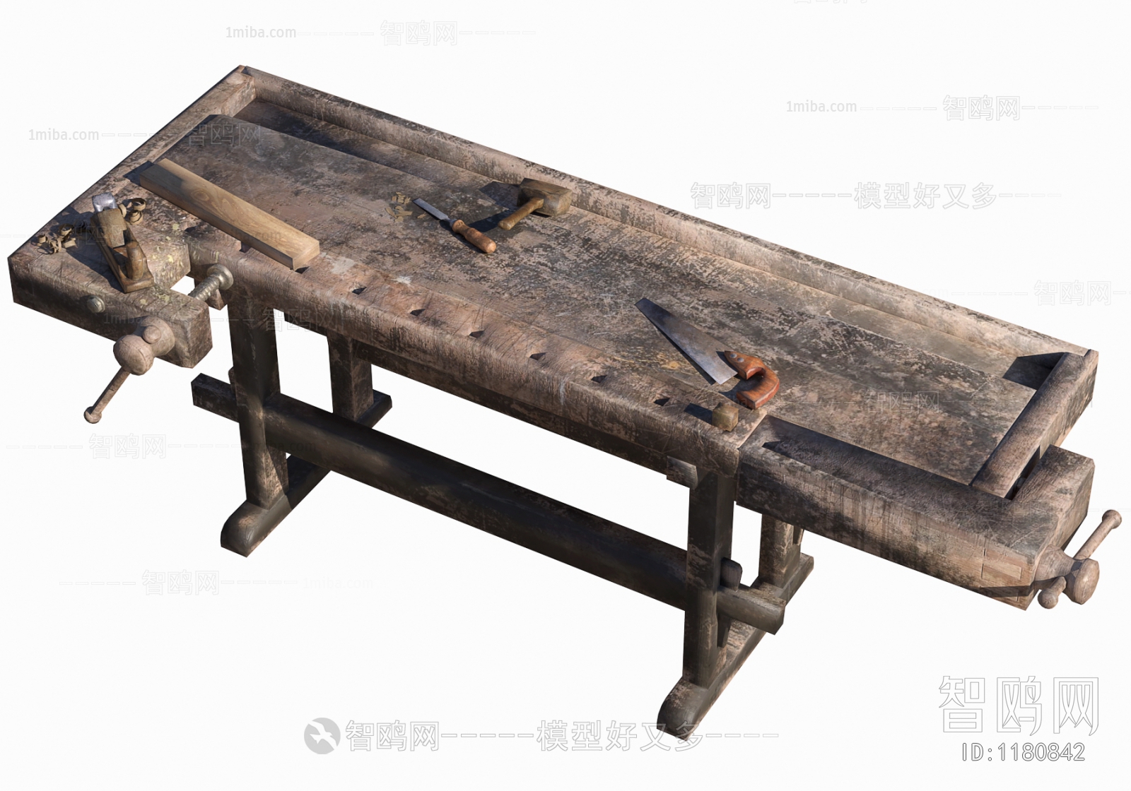 复古木工桌，工作台，锯子，木锤，刨刀
