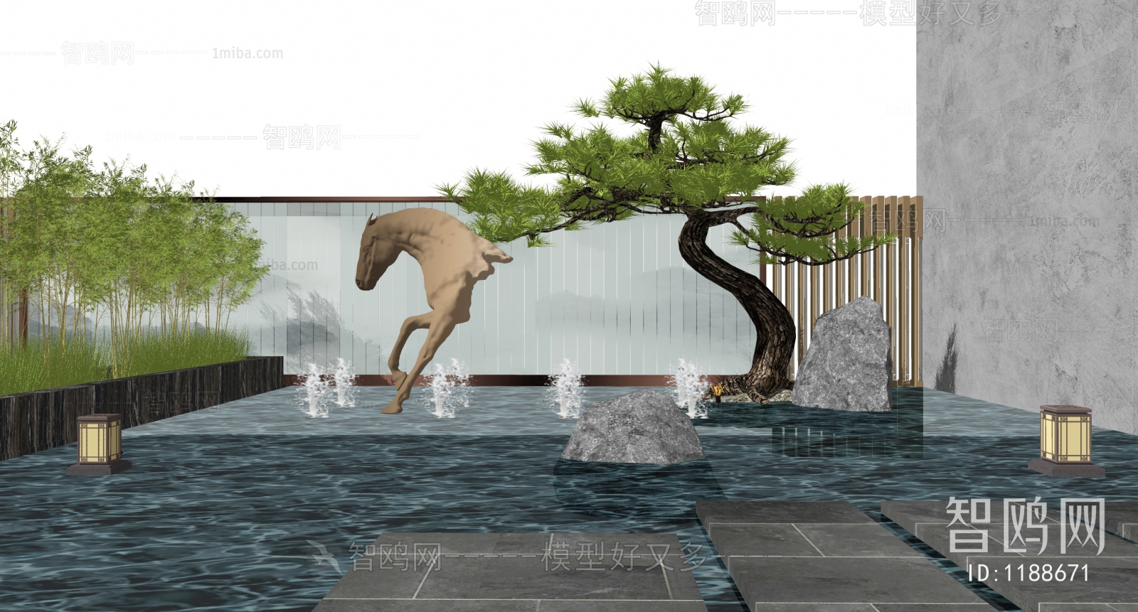 新中式示范区景观 庭院水景