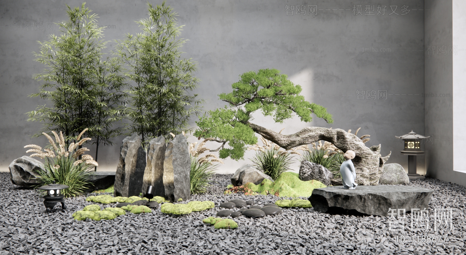 新中式枯山石庭院景观3D模型下载