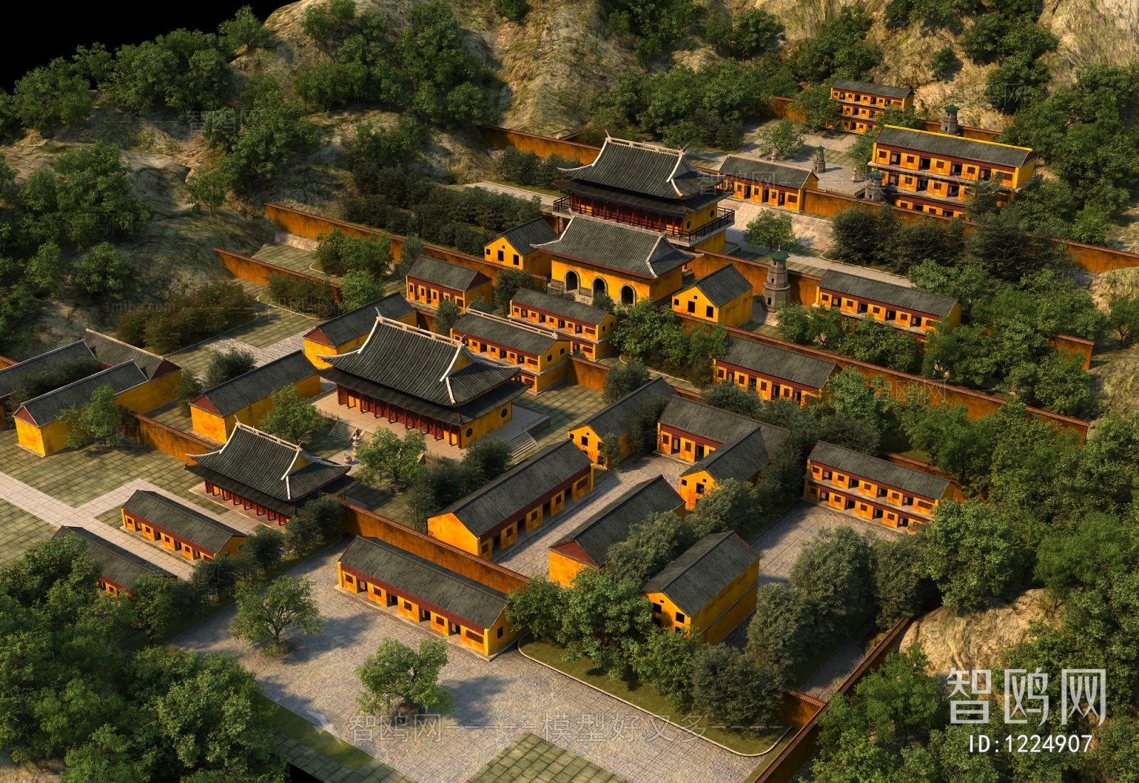 中式古建寺庙3D模型下载