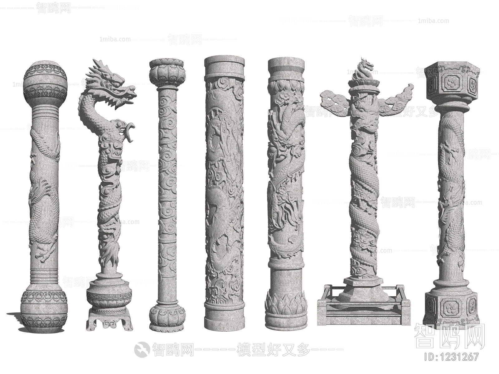 中式景观柱 石柱 盘龙柱组合