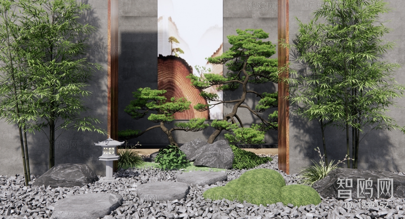 新中式庭院小品 景墙围墙 石头松树
