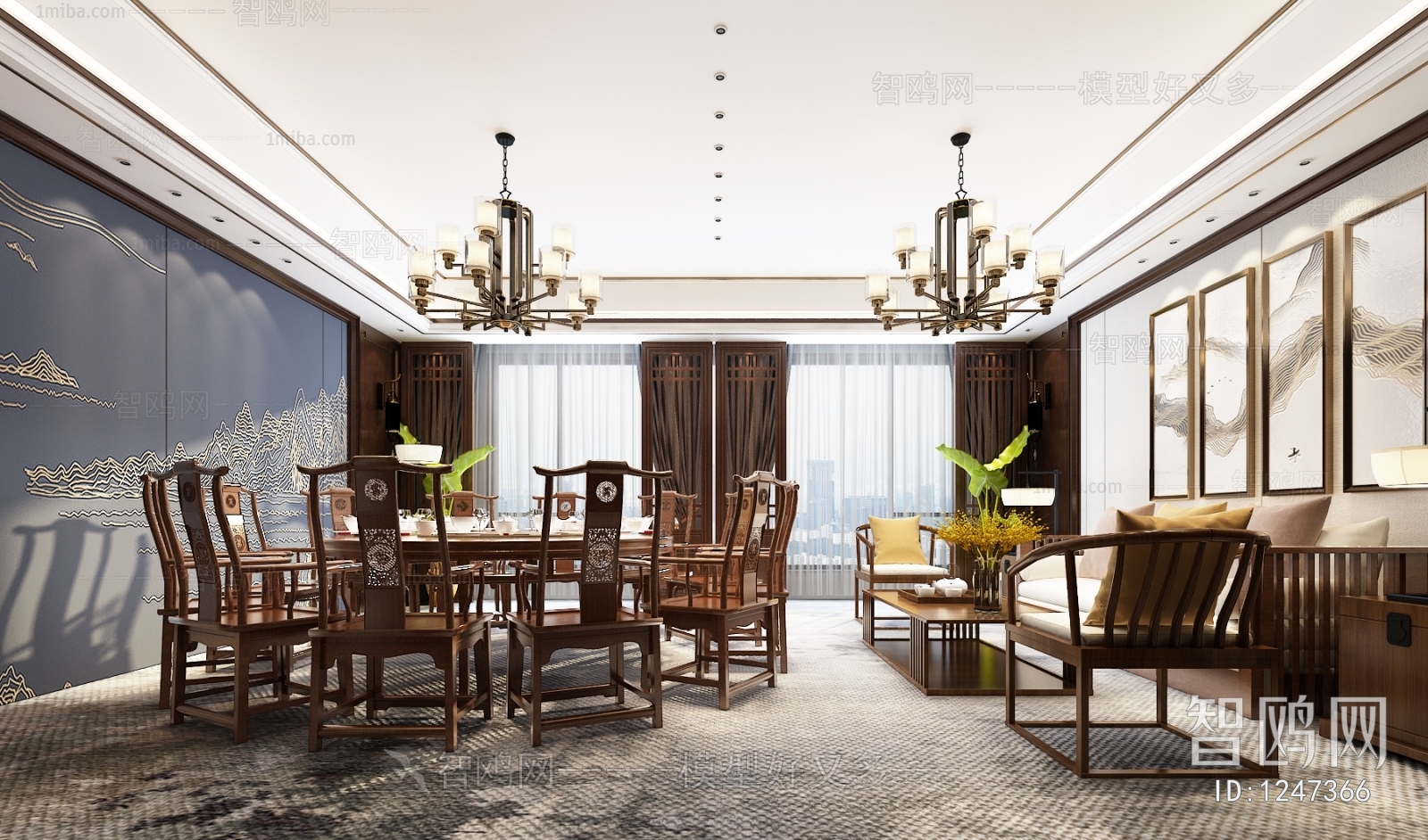 新中式餐厅包厢3d模型下载