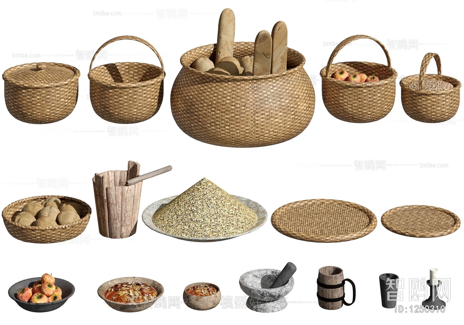 乡村农具，篮子，木桶，陶碗器皿，食物