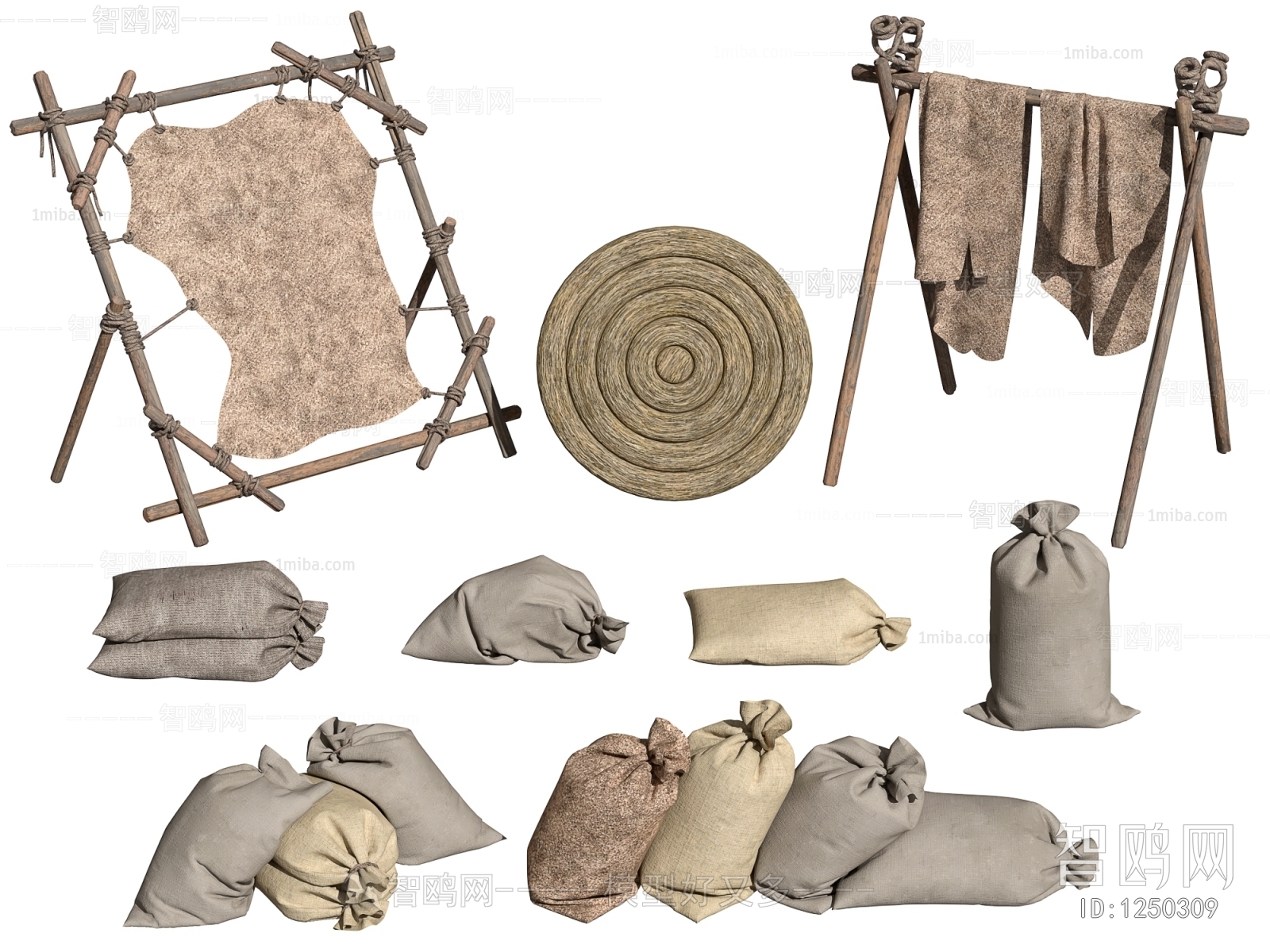 古代沙袋，箭靶，晾晒架，兽皮