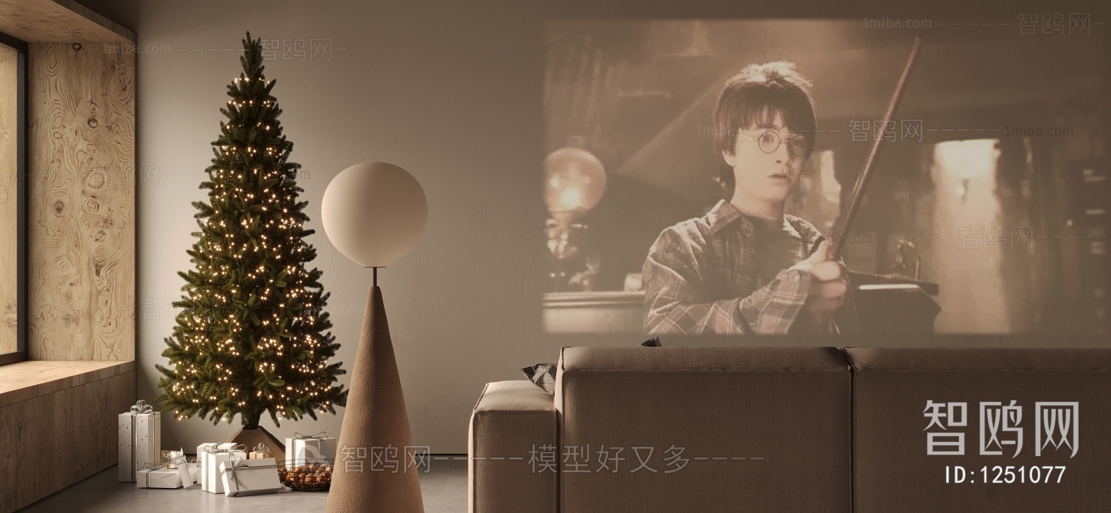 美式客厅 投影，落地灯，圣诞树