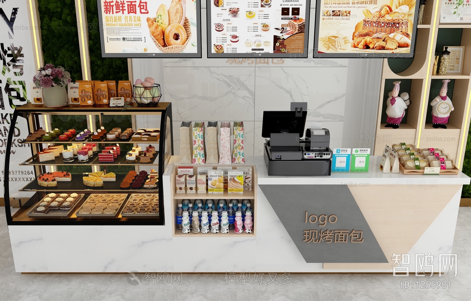 现代面包蛋糕店柜组合3D模型下载