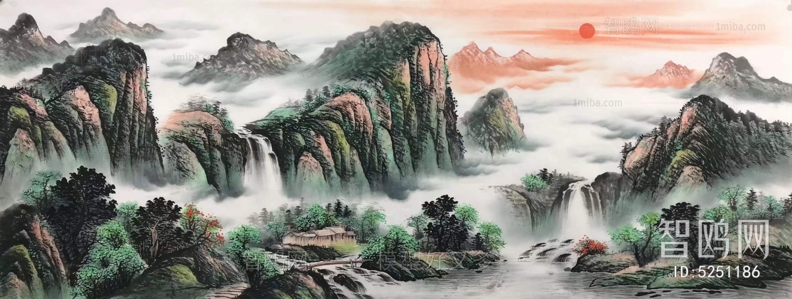中国画水墨彩墨山水画3D模型下载