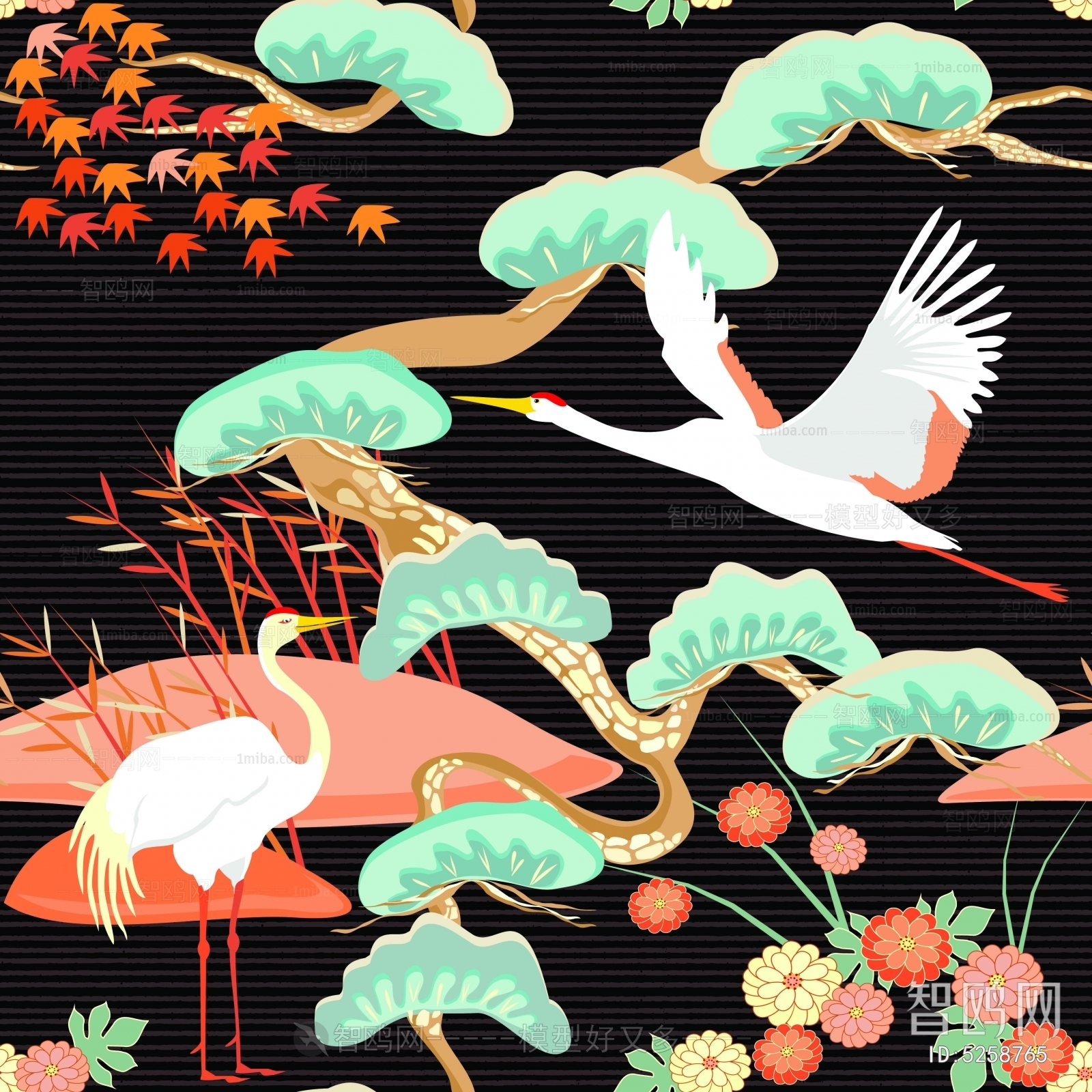 传统花样图案日式日本和风仙鹤松树鲤鱼波纹印花