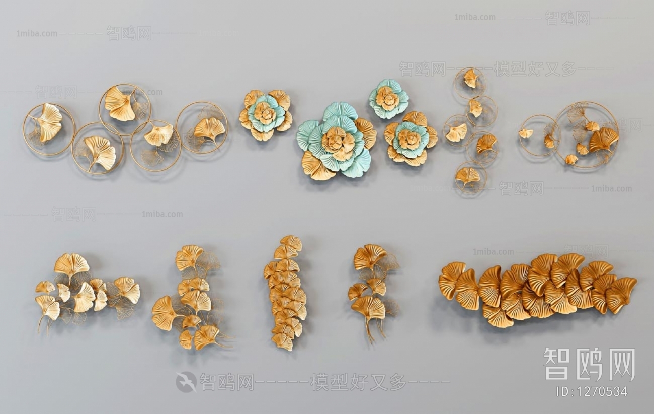 新中式银杏叶花瓣金属墙饰挂件组合