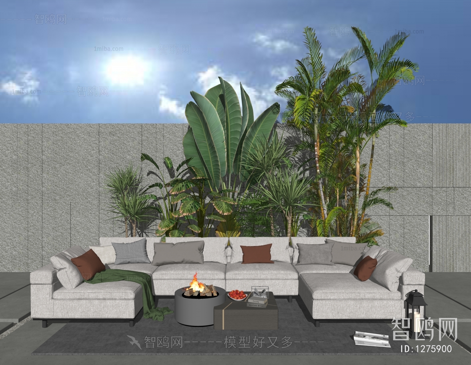 现代户外沙发、庭院沙发、景观植物