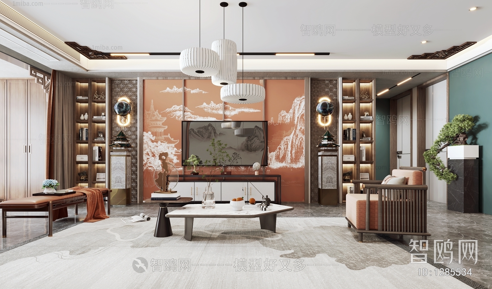 多场景-新中式轻奢客厅+餐厅