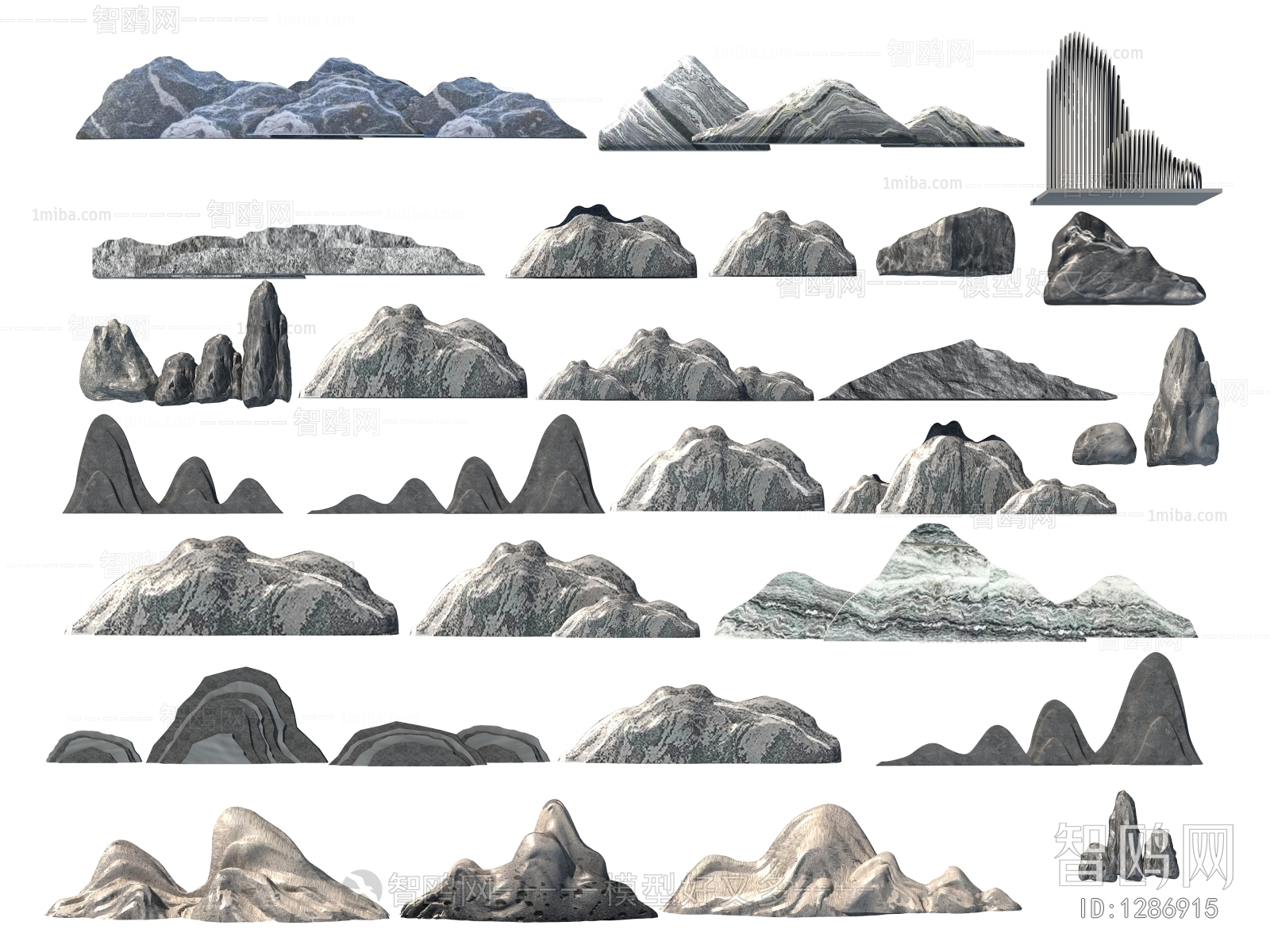 新中式雪浪石 假山片石 组合3d模型下载