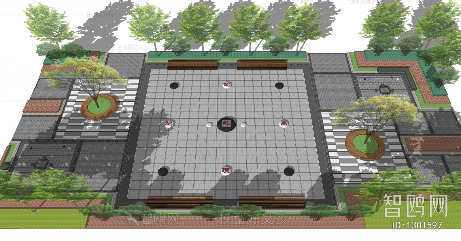 公园景观su模型下载_现代棋类广场 围棋象棋五子棋广场su模型下载_id