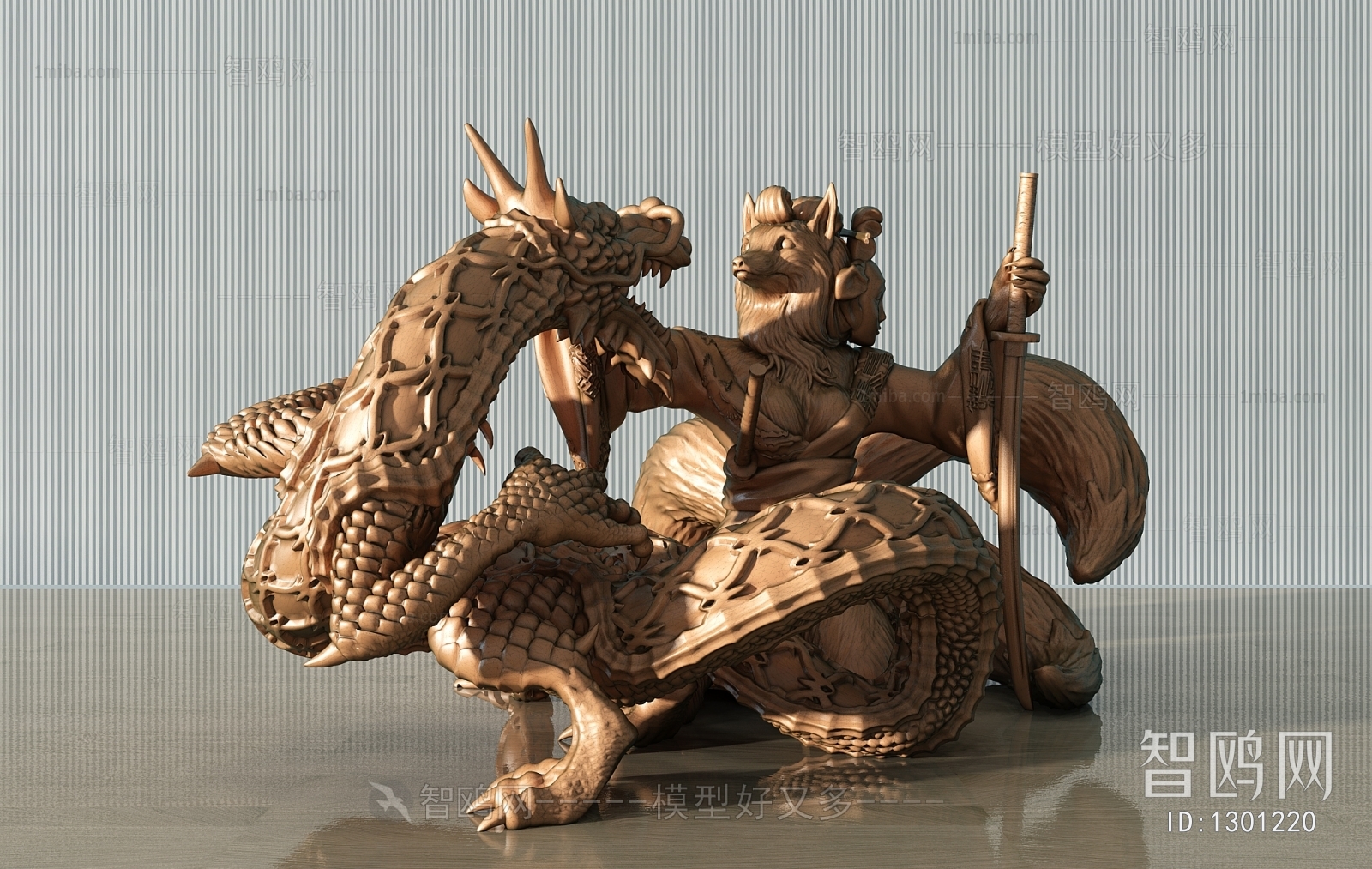 新中式日式狼与龙神兽雕塑摆件