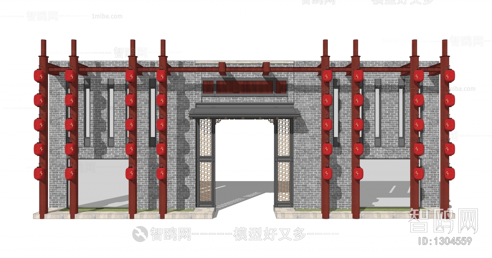 新中式入口大门 围墙 墙面 灯笼
