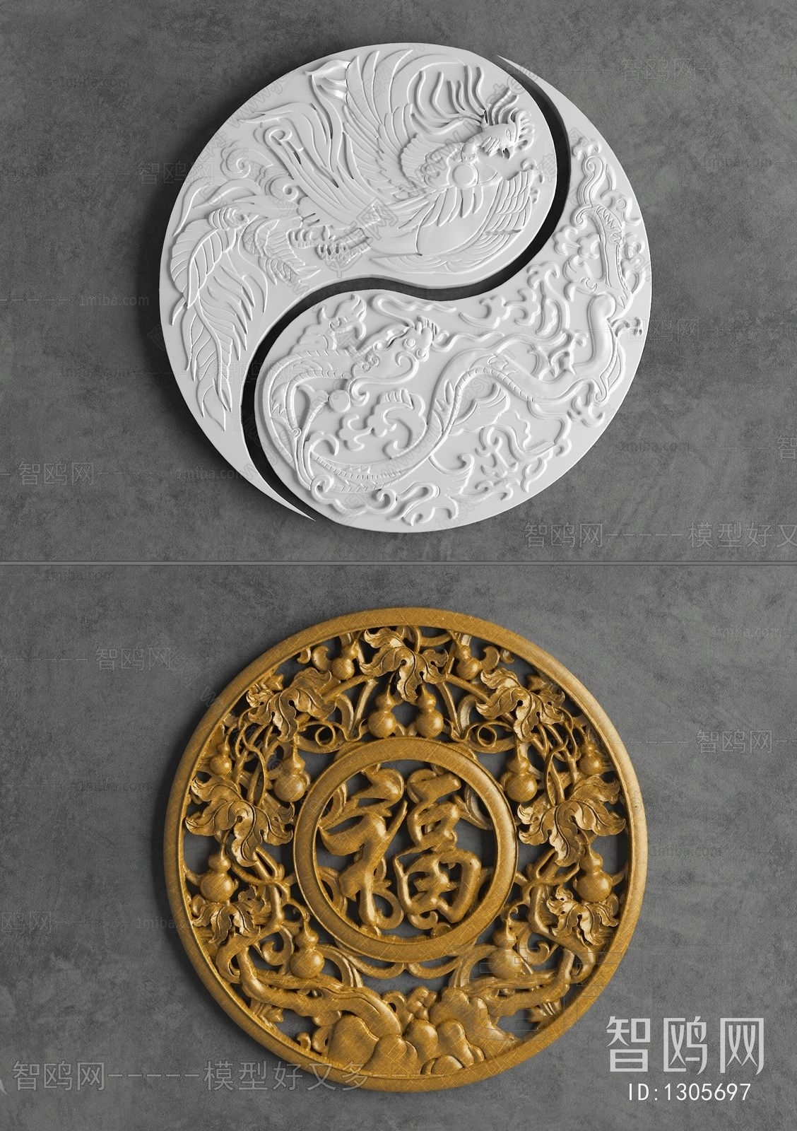 中式圆形福字木雕浮雕