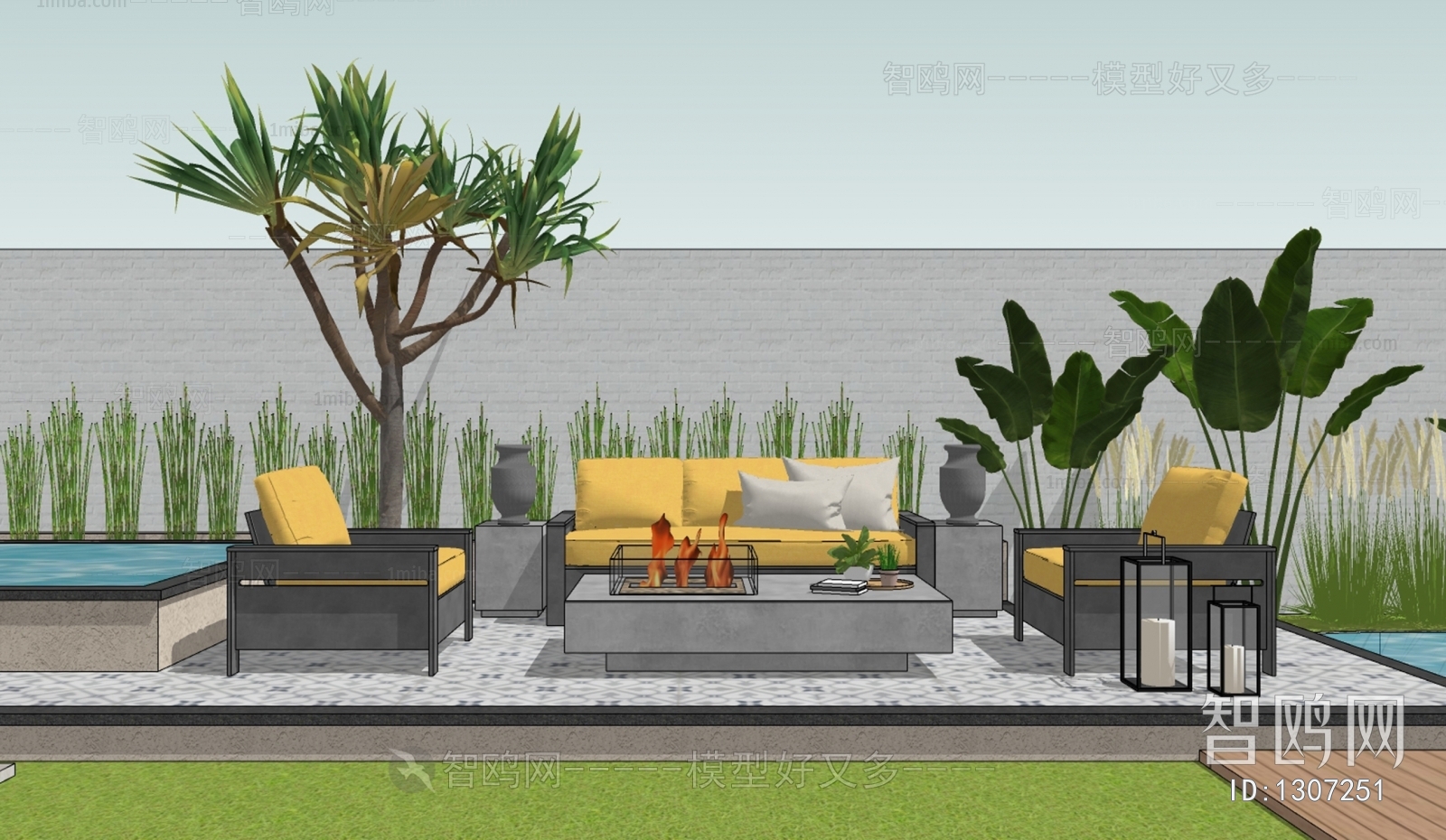 现代休闲庭院花园景观 户外沙发桌椅 植物盆栽 灌木花草