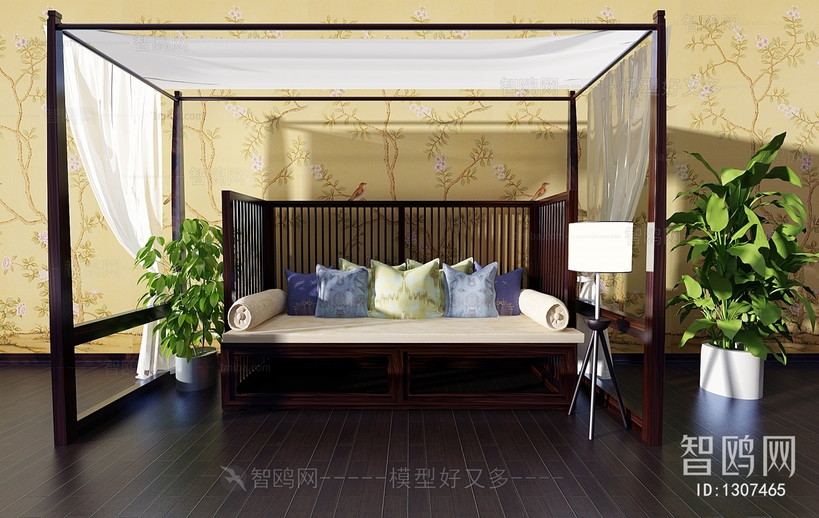 新中式高背休闲长椅沙发罗汉床纱幔