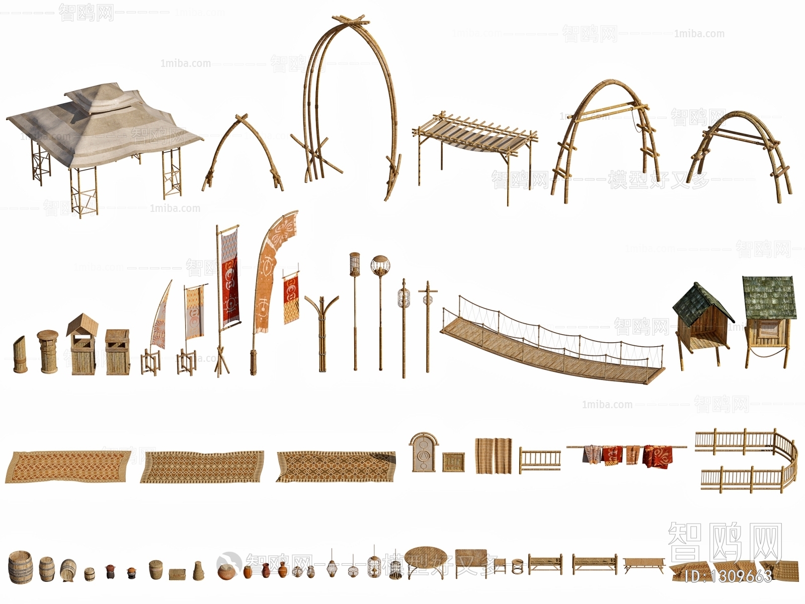北欧古代坛子,木桶,桌凳,旗帜,木桥,席子 ,农具
